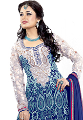 A desire that evokes a sense of belonging with a striking details. The dazzling blue georgette anarkali churidar suit have amazing embroidery patch work is done with resham, stone and lace work. Beautiful embroidery work on kameez is stunning. The entire ensemble makes an excellent wear. Matching santoon churidar and chiffon dupatta is available with this suit. Slight Color variations are possible due to differing screen and photograph resolutions.