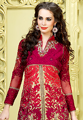 Take a look on the changing fashion of the season. The dazzling maroon and buttercream net churidar suit have amazing embroidery patch work is done with resham, zari, sequins, stone and lace work. Beautiful embroidery work on kameez is stunning. The entire ensemble makes an excellent wear. Matching santoon churidar and buttercream faux chiffon dupatta is available with this suit. Slight Color variations are possible due to differing screen and photograph resolutions.