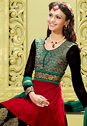 Get ready to sizzle all around you by sparkling suit. The dazzling red and black faux georgette anarkali churidar suit have amazing embroidery patch work is done with resham, zari, sequins work. Beautiful embroidery work on kameez is stunning. The entire ensemble makes an excellent wear. Matching santoon churidar and dark green faux chiffon dupatta is available with this suit. Slight Color variations are possible due to differing screen and photograph resolutions.