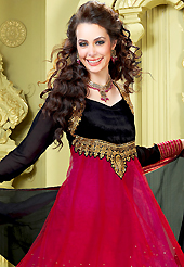 It is color this season and bright shaded suits are really something that is totally in vogue. The dazzling deep pink and black net churidar suit have amazing embroidery patch work is done with resham, zari, sequins and stone work. Beautiful embroidery work on kameez is stunning. The entire ensemble makes an excellent wear. Matching deep pink santoon churidar and black faux chiffon dupatta is available with this suit. Slight Color variations are possible due to differing screen and photograph resolutions.
