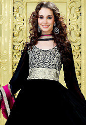 The most beautiful refinements for style and tradition. The dazzling black faux georgette anarkali churidar suit have amazing embroidery patch work is done with resham, zari and stone work. Beautiful embroidery work on kameez is stunning. The entire ensemble makes an excellent wear. Matching santoon churidar and deep pink faux chiffon dupatta is available with this suit. Slight Color variations are possible due to differing screen and photograph resolutions.