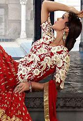 Your search for elegant look ends here with this lovely suit. The dazzling red georgette long style anarkali churidar suit have amazing embroidery patch work is done with resham, zari, sequins and stone work. Beautiful embroidery work on kameez is stunning. The entire ensemble makes an excellent wear. Matching santoon churidar and chiffon dupatta is available with this suit. Slight Color variations are possible due to differing screen and photograph resolutions.