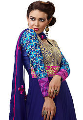 The fascinating beautiful subtly garment with lovely patterns. The dazzling blue georgette long style anarkali churidar suit have amazing embroidery patch work is done with resham, sequins and stone work. Beautiful embroidery work on kameez is stunning. The entire ensemble makes an excellent wear. Matching santoon churidar and chiffon dupatta is available with this suit. Slight Color variations are possible due to differing screen and photograph resolutions.