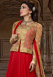 Take a look on the changing fashion of the season. The dazzling red net jacket style long anarkali churidar suit have amazing embroidery patch work is done with resham, zari, sequins, stone and lace work. Beautiful embroidery work on kameez is stunning. The entire ensemble makes an excellent wear. Matching santoon churidar and light brown chiffon dupatta is available with this suit. Slight Color variations are possible due to differing screen and photograph resolutions.