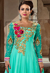 Outfit is a novel ways of getting yourself noticed. The dazzling rame green georgette long style anarkali churidar suit have amazing embroidery patch work is done with resham, zari, stone and lace work. Beautiful embroidery work on kameez is stunning. The entire ensemble makes an excellent wear. Matching santoon churidar and chiffon dupatta is available with this suit. Slight Color variations are possible due to differing screen and photograph resolutions.