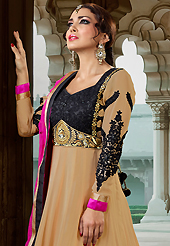 The most beautiful refinements for style and tradition. The dazzling fawn georgette long style anarkali churidar suit have amazing embroidery patch work is done with resham, stone and lace work. Beautiful embroidery work on kameez is stunning. The entire ensemble makes an excellent wear. Matching santoon churidar and pink chiffon dupatta is available with this suit. Slight Color variations are possible due to differing screen and photograph resolutions.