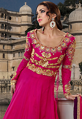 Breathtaking collection of suits with stylish embroidery work and fabulous style. The dazzling magenta georgette long style anarkali churidar suit have amazing embroidery patch work is done with resham, sequins, stone and lace work. Beautiful embroidery work on kameez is stunning. The entire ensemble makes an excellent wear. Matching santoon churidar and chiffon dupatta is available with this suit. Slight Color variations are possible due to differing screen and photograph resolutions.