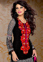 An occasion wear perfect is ready to rock you. The dazzling black and white georgette churidar suit have amazing floral print and embroidery patch work is done with resham and lace work. Beautiful embroidery work on kameez is stunning. The entire ensemble makes an excellent wear. Matching santoon churidar and chiffon dupatta is available with this suit. Slight Color variations are possible due to differing screen and photograph resolutions.