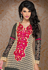 The glamorous silhouette to meet your most dire fashion needs. The dazzling cream and black georgette churidar suit have amazing abstract, dots print and embroidery patch work is done with resham and lace work. Beautiful embroidery work on kameez is stunning. The entire ensemble makes an excellent wear. Matching black santoon churidar and cream chiffon dupatta is available with this suit. Slight Color variations are possible due to differing screen and photograph resolutions.