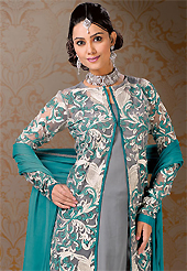 This season dazzle and shine in pure colors. The dazzling grey and turquoise net and georgette jacket style churidar suit or lehenga have amazing embroidery patch work is done with resham work. Beautiful embroidery work on kameez is stunning. The entire ensemble makes an excellent wear. Matching turquoise santoon churidar or lehenga and turquoise chiffon dupatta is available with this suit. Slight Color variations are possible due to differing screen and photograph resolutions.