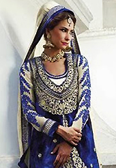The fascinating beautiful subtly garment with lovely patterns. The dazzling blue and cream velvet and georgette jacket style churidar suit have amazing embroidery patch work is done with resham, zari, stone and beads work. Beautiful embroidery work on kameez is stunning. The entire ensemble makes an excellent wear. Matching cream santoon churidar and cream chiffon dupatta is available with this suit. Slight Color variations are possible due to differing screen and photograph resolutions.