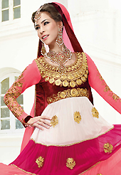 Take a look on the changing fashion of the season. The dazzling multicolor georgette anarkali churidar suit have amazing embroidery patch work is done with zari, sequins, stone and beads work. Beautiful embroidery work on kameez is stunning. The entire ensemble makes an excellent wear. Matching maroon santoon churidar and off white chiffon dupatta is available with this suit. Slight Color variations are possible due to differing screen and photograph resolutions.