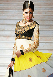 A desire that evokes a sense of belonging with a striking details. The dazzling multicolor georgette anarkali churidar suit have amazing embroidery patch work is done with zari, sequins, stone and beads work. Beautiful embroidery work on kameez is stunning. The entire ensemble makes an excellent wear. Matching black santoon churidar and off white chiffon dupatta is available with this suit. Slight Color variations are possible due to differing screen and photograph resolutions.