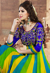The most beautiful refinements for style and tradition. The dazzling yellow, green and blue faux georgette anarkali churidar suit have amazing embroidery patch work is done with resham and zari work. The entire ensemble makes an excellent wear. Matching blue santoon churidar and blue chiffon dupatta is available with this suit. Slight Color variations are possible due to differing screen and photograph resolutions.