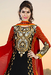 This season dazzle and shine in pure colors. The dazzling black, red and mustard faux georgette and viscose anarkali churidar suit have amazing embroidery patch work is done with resham, zari, sequins and stone work. The entire ensemble makes an excellent wear. Matching black santoon churidar and red chiffon dupatta is available with this suit. Slight Color variations are possible due to differing screen and photograph resolutions.