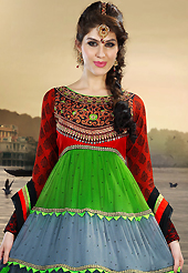 Outfit is a novel ways of getting yourself noticed. The dazzling red, green and shaded grey net anarkali churidar suit have amazing embroidery patch work is done with resham, zari, sequins and stone work. The entire ensemble makes an excellent wear. Contrasting black santoon churidar and black net dupatta is available with this suit. Slight Color variations are possible due to differing screen and photograph resolutions.