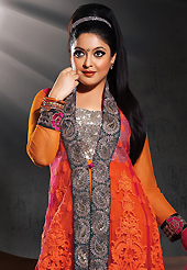 The color range from natural shades looks ravishing. The dazzling magenta and orange net churidar suit have amazing embroidery patch work is done with resham, zari and sequins work. Beautiful embroidery work on kameez is stunning. The entire ensemble makes an excellent wear. Matching magenta santoon churidar and shaded net dupatta is available with this suit. Slight Color variations are possible due to differing screen and photograph resolutions.