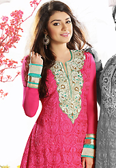 The color range from natural shades looks ravishing. The dazzling dark pink net churidar suit have amazing embroidery patch work is done with resham, gold zardosi, sequins, stone, cutdana and beads work. Beautiful embroidery work on kameez is stunning. The entire ensemble makes an excellent wear. Matching churidar and chiffon dupatta is available with this suit. Slight Color variations are possible due to differing screen and photograph resolutions.