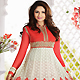 Off White and Coral Net Churidar Kameez with Dupatta