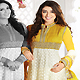 Off White and Yellow Net Churidar Kameez with Dupatta