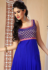 Breathtaking collection of suits with stylish embroidery work and fabulous style. The dazzling royal blue net readymade churidar suit have amazing embroidery patch work is done with zari and stone work. The entire ensemble makes an excellent wear. Matching churidar and dupatta is available with this suit. Slight Color variations are possible due to differing screen and photograph resolutions.