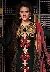 An occasion wear perfect is ready to rock you. The dazzling black lawn cotton churidar suit have amazing embroidery patch work is done with resham and zari work. The entire ensemble makes an excellent wear. Matching cambric cotton churidar and chiffon dupatta is available with this suit. Slight Color variations are possible due to differing screen and photograph resolutions.