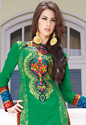 Your search for elegant look ends here with this lovely suit. The dazzling green lawn cotton salwar kameez have amazing embroidery patch work is done with resham work. The entire ensemble makes an excellent wear. Contrasting orange cotton salwar and green chiffon dupatta is available with this suit. Slight Color variations are possible due to differing screen and photograph resolutions.