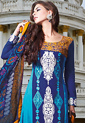 The glamorous silhouette to meet your most dire fashion needs. The dazzling blue lawn cotton trouser kameez have amazing embroidery patch work is done with resham work. The entire ensemble makes an excellent wear. Matching blue cotton trouser and blue chiffon dupatta is available with this suit. Slight Color variations are possible due to differing screen and photograph resolutions.