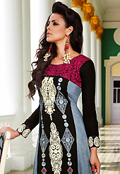 Dreamy variation on shape and forms compliment your style with tradition. The dazzling black and grey lawn cotton trouser kameez have amazing embroidery patch work is done with resham work. The entire ensemble makes an excellent wear. Matching black cotton trouser and shaded chiffon dupatta is available with this suit. Slight Color variations are possible due to differing screen and photograph resolutions.