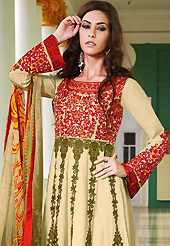 Look stunning rich with dark shades and floral patterns. The dazzling cream lawn cotton churidar suit have amazing embroidery patch work is done with resham work. The entire ensemble makes an excellent wear. Matching cream cambric cotton churidar and light olive green chiffon dupatta is available with this suit. Slight Color variations are possible due to differing screen and photograph resolutions.