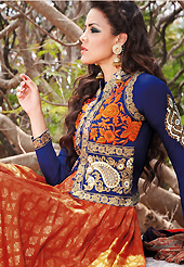 It is color this season and bright shaded suits are really something that is totally in vogue. The dazzling dark orange cotton anarkali churidar suit have amazing embroidery patch work is done with resham and beads work. The entire ensemble makes an excellent wear. Matching cambric cotton churidar and shaded chiffon dupatta is available with this suit. Slight Color variations are possible due to differing screen and photograph resolutions.