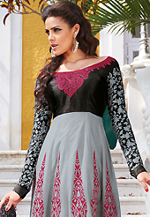 The fascinating beautiful subtly garment with lovely patterns. The dazzling grey and black lawn cotton anarkali churidar suit have amazing embroidery patch work is done with resham work. The entire ensemble makes an excellent wear. Matching black cambric cotton churidar and black chiffon dupatta is available with this suit. Slight Color variations are possible due to differing screen and photograph resolutions.