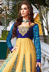 Take a look on the changing fashion of the season. The dazzling dark cream and blue lawn cotton anarkali churidar suit have amazing embroidery patch work is done with resham work. The entire ensemble makes an excellent wear. Matching blue cambric cotton churidar and blue chiffon dupatta is available with this suit. Slight Color variations are possible due to differing screen and photograph resolutions.