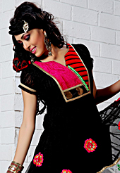 A desire that evokes a sense of belonging with a striking details. The dazzling black net anarkali churidar suit have amazing embroidery and velvet patch work is done with resham and zari work. Beautiful embroidery work on kameez is stunning. The entire ensemble makes an excellent wear. Matching santoon churidar and net dupatta is available with this suit. Slight Color variations are possible due to differing screen and photograph resolutions.