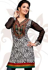 Extensive and showy tunics with simplicity. Arresting patterned tunic is nicely designed with print and embroidery work in floral pattern which is graceful and gives you a modern look. This is made with American Crepe fabric. Color combination of this tunic is nice. It’s a casual wear drape. Bottom shown in the image is just photography purpose. Slight Color variations are possible due to differing screen and photograph resolutions.
