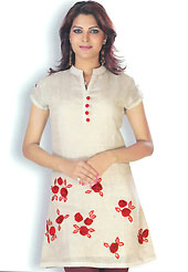This Light Fawn cotton tunic is nicely designed with resham embroidery work on bottom area in floral patterns. This is a perfect casual wear. Slight Color variations are possible due to differing screen and photograph resolutions.