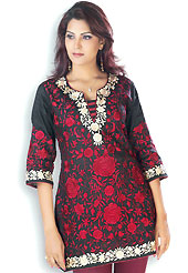 This Red and Black cotton tunic is designed with resham embroidery work on all over in floral patterns. This is a perfect casual wear. Slight Color variations are possible due to differing screen and photograph resolutions.
