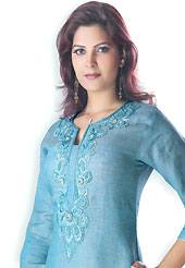 This Light Blue cotton tunic is designed with resham and stone workes embroidery work in floral patterns. This is a perfect casual wear. Slight Color variations are possible due to differing screen and photograph resolutions.