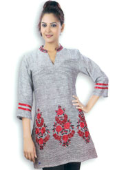 Grey cotton tunic is designed with resham embroidery work on bottom area in floral patterns. Embroidery on collar is eye catching. This is a perfect casual wear. Slight Color variations are possible due to differing screen and photograph resolutions.