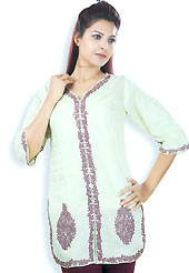 This Pastel Green cotton tunic is designed with resham embroidery work on all over in floral patterns. This is a perfect casual wear. Slight Color variations are possible due to differing screen and photograph resolutions.