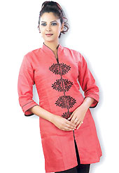 This Red cotton tunic is designed with resham embroidery work in floral patterns. This is a perfect casual wear. Slight Color variations are possible due to differing screen and photograph resolutions.