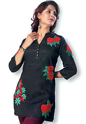 This Black cotton tunic is designed with resham embroidery patch work on all over in floral patterns. This is a perfect casual wear. Slight Color variations are possible due to differing screen and photograph resolutions.