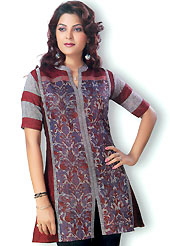 This Grey and Maroon cotton tunic is designed with weaving work on all over in floral patterns. This is a perfect casual wear. Slight Color variations are possible due to differing screen and photograph resolutions.