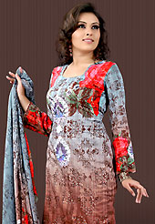 Stylish and showy tunics with awesome colors. This bluish grey and red faux crepe tunic is designed with beautiful combination of digital print and sequins work in form of floral motifs. Beautiful printed faux georgette stole is available with this tunic. Bottom shown in the image is just for photography purpose. Slight Color variations are possible due to differing screen and photograph resolutions.