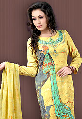 Stylish and showy tunics with awesome colors. This yellow faux crepe tunic is designed with beautiful combination of digital print and sequins work in form of traditional and abstract pattern. Beautiful printed faux georgette stole is available with this tunic. Bottom shown in the image is just for photography purpose. Slight Color variations are possible due to differing screen and photograph resolutions.