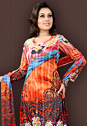 Extensive and showy tunics with simplicity. This orange faux crepe tunic is designed with beautiful combination of digital print and sequins work in form of floral and geometric motifs. Beautiful printed faux georgette stole is available with this tunic. Bottom shown in the image is just for photography purpose. Slight Color variations are possible due to differing screen and photograph resolutions.