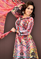 Amazing tunics embellished with embroidery. This light pink and peach faux crepe tunic is designed with beautiful combination of digital print and sequins work in form of floral motifs. Beautiful printed faux georgette stole is available with this tunic. Bottom shown in the image is just for photography purpose. Slight Color variations are possible due to differing screen and photograph resolutions.