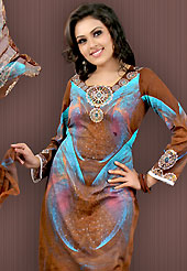 A fascinating and spellbinding tunics. This brown and light blue faux crepe tunic is designed with beautiful combination of digital print and sequins work in form of abstract motifs. Beautiful printed faux georgette stole is available with this tunic. Bottom shown in the image is just for photography purpose. Slight Color variations are possible due to differing screen and photograph resolutions.
