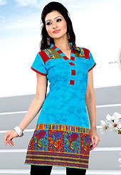 This blue printed cotton readymade tunic is nicely designed with floral, traditional print and resham work. This is a perfect casual wear. Bottom shown in the image is just for photography purpose. Slight Color variations are possible due to differing screen and photograph resolutions.