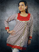 Make the crowd go mad with this mid length printed kurti with angrakha style.
This kurti gives an astonishing look with its bright red neckline wid matching sleeves and base border.
It has some artistically crafted floral patchwork done to embrace the feminity  of a women.
This kurti is suitable for casual and party wear.